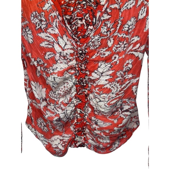 Free People Say the Word Top SMALL S Red Floral Peasant Sleeve Ruched Boho - Picture 5 of 10